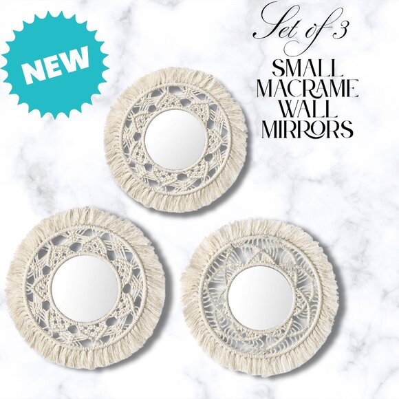 THREE (3)PC Set of Wall Mirrors Boho Beige Macrame Bohemian Global Decor NEW NIB - Picture 1 of 11